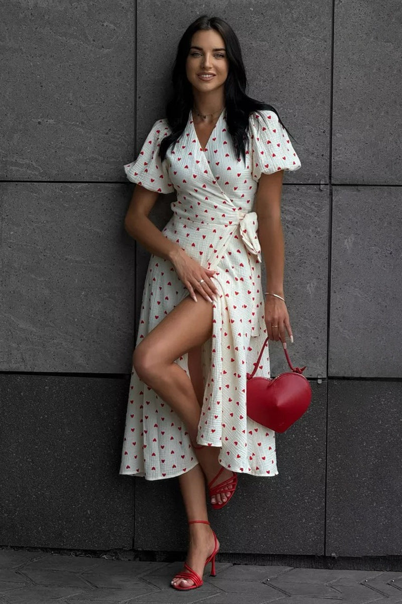 Heart Print V-Neck Puff Sleeve Wrap Maxi Dress 7