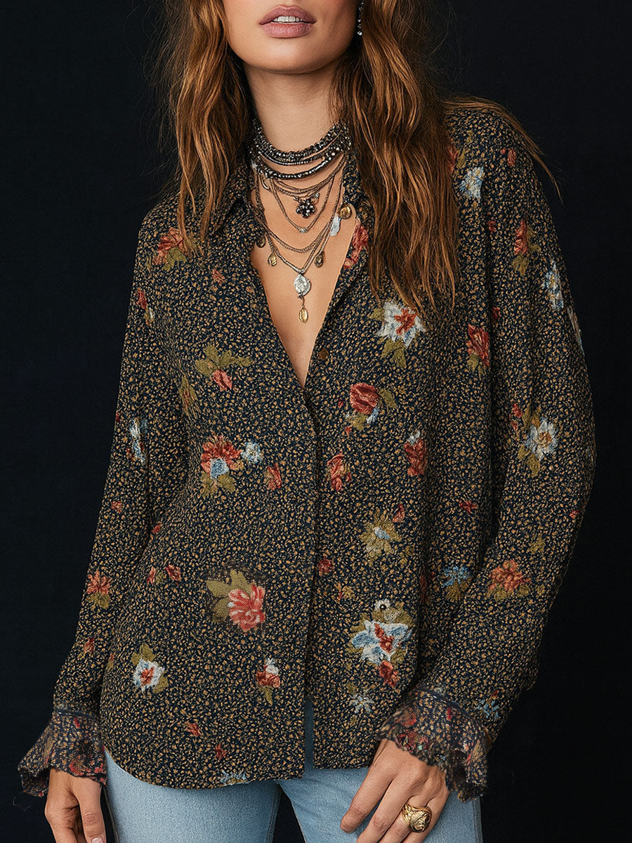Retro Floral Print Curved Hem Ruffled Sleeves Blouse - Fashionpara