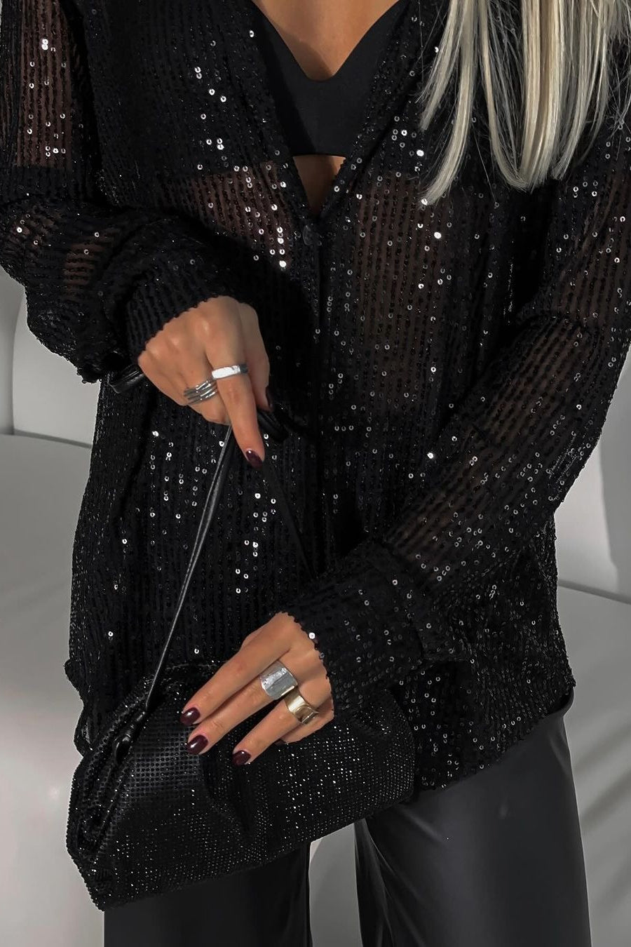 Sequin Collared Button Front Blouse