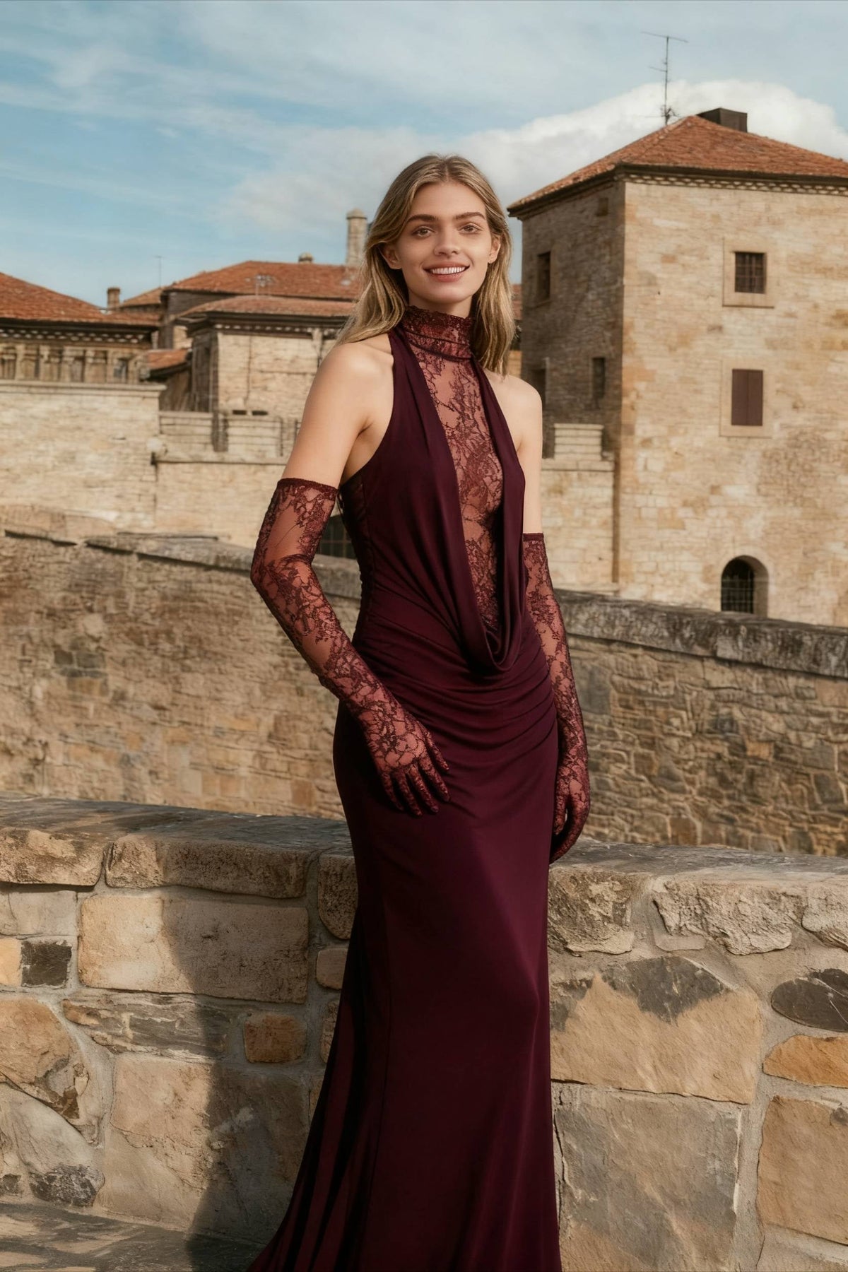 Lace Patchwork Deep V Ruched Prom Dress