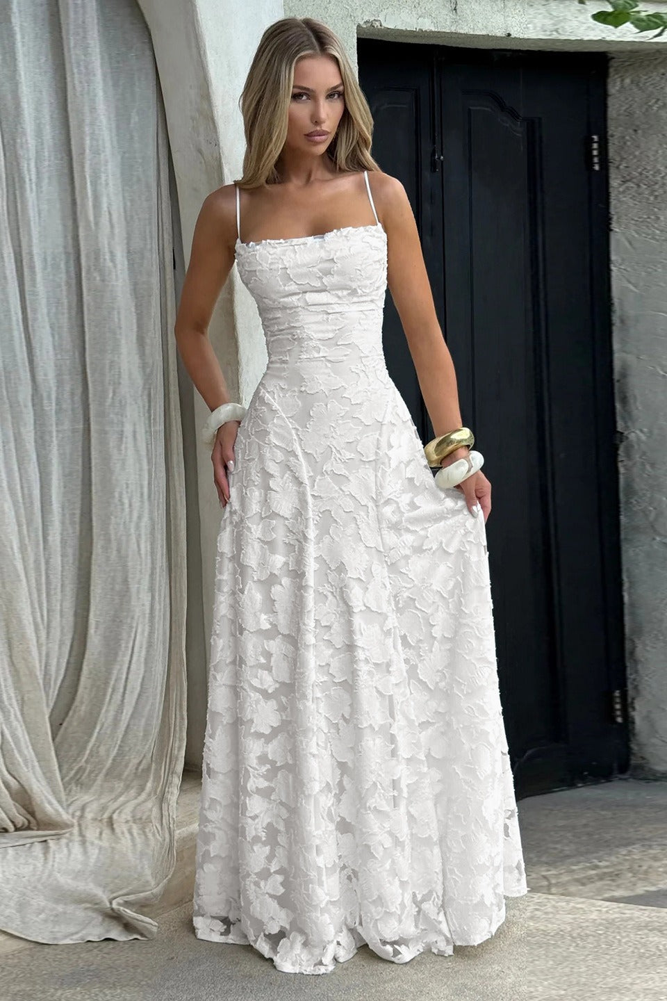 Jacquard Cami Backless Maxi Lace Dress