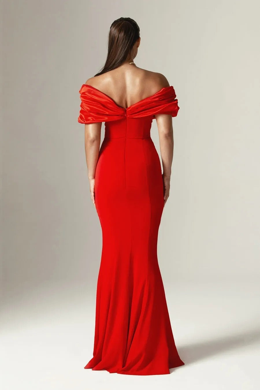 Satin Off Shoulder Ruched High Split Mermaid Gown - View 8
