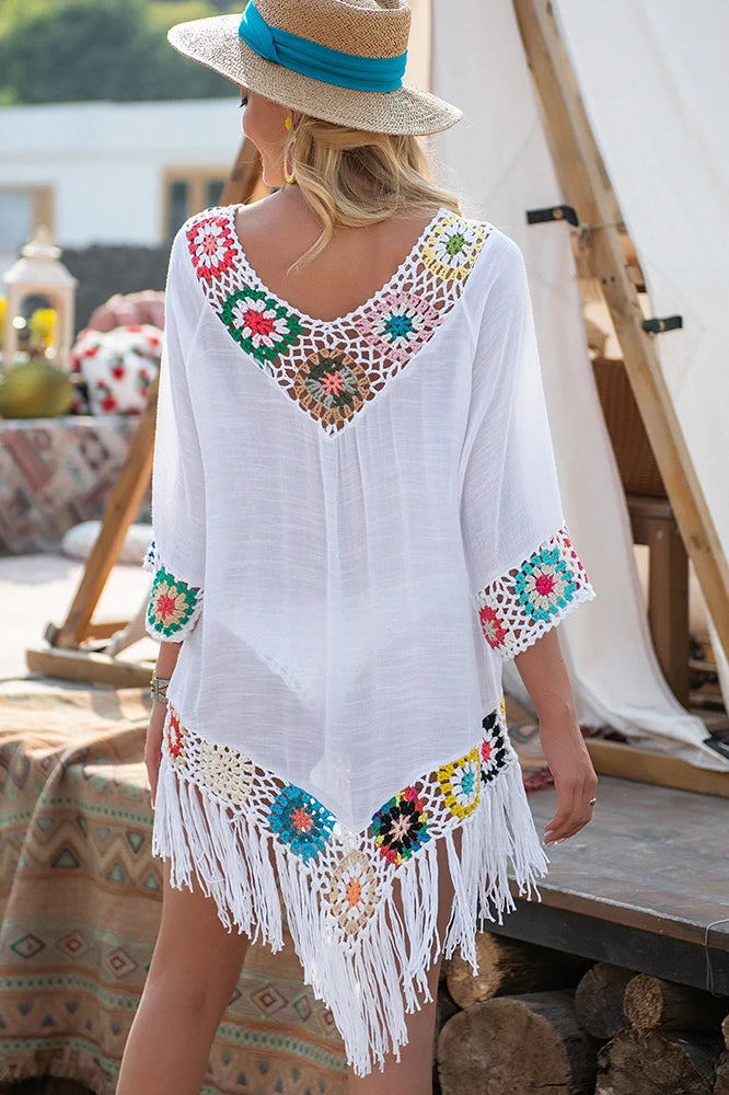 Crochet Fringe Tassel V-Neck Beach Cover Up Dress 2
