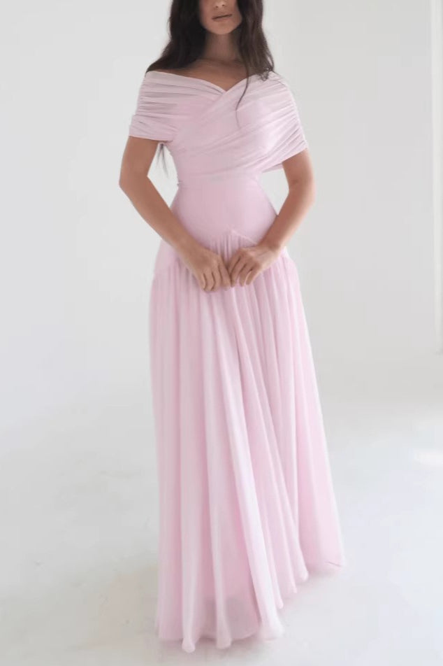 Chiffon Off Shoulder Pleated A-Line Maxi Gown 2