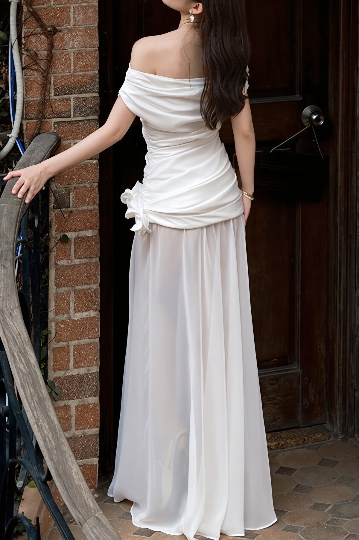Off Shoulder Ruched Floral Appliqué Sheer Maxi Gown 3