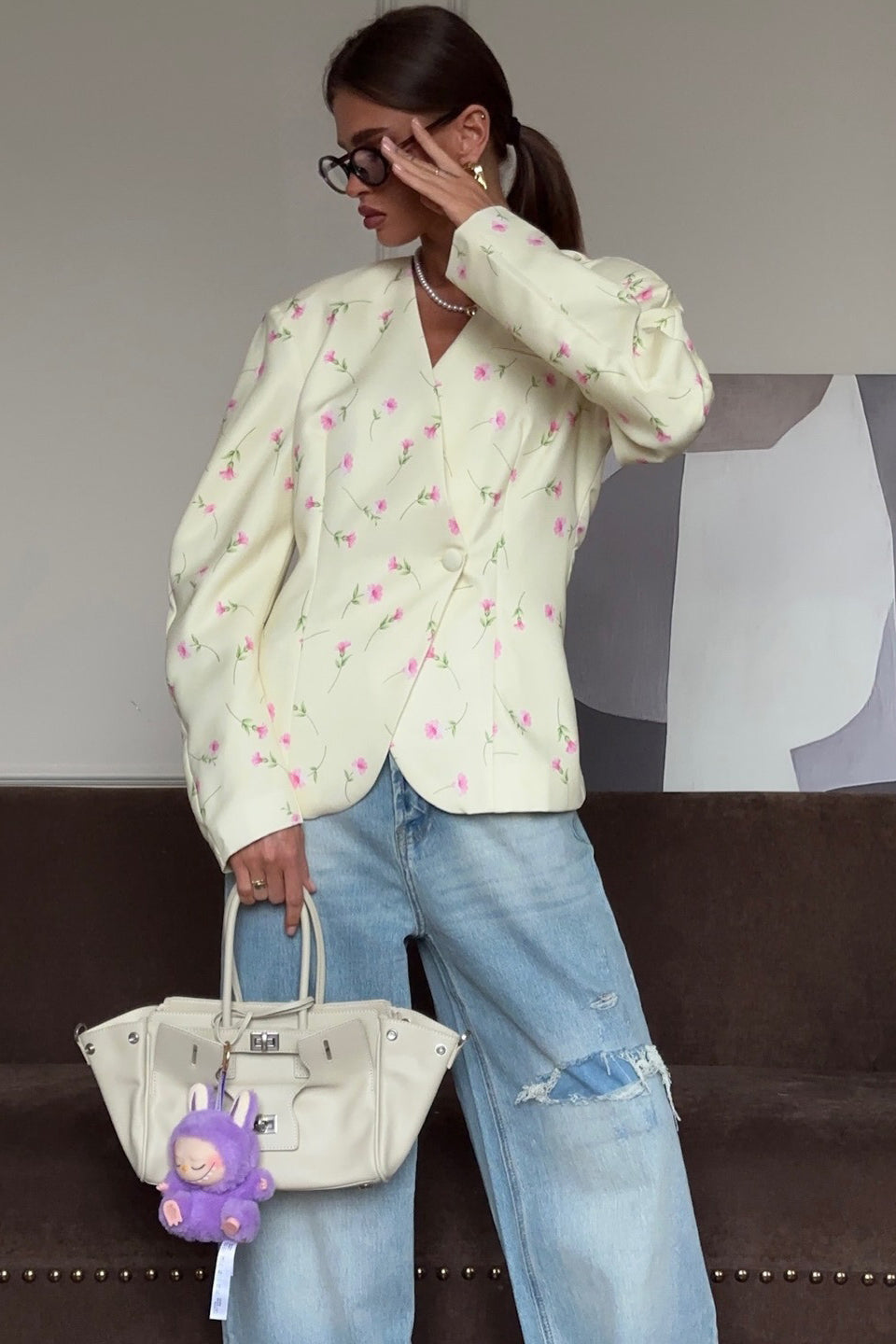 Floral V-Neck Blazer Coat for Effortless Chic Style