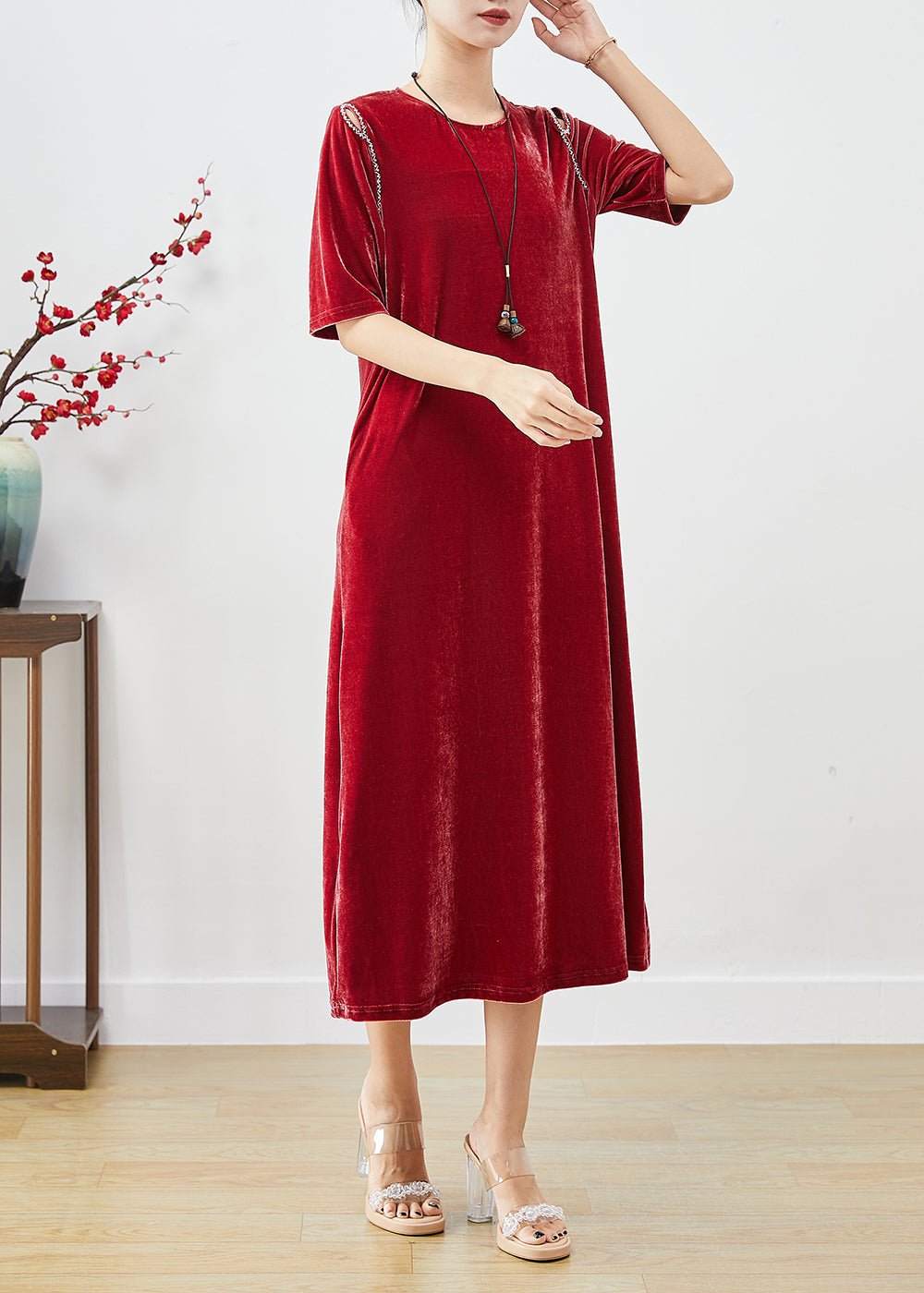 Velvet Cold Shoulder Cut Out Braided Trim Short Sleeve Midi Dress - View 3
