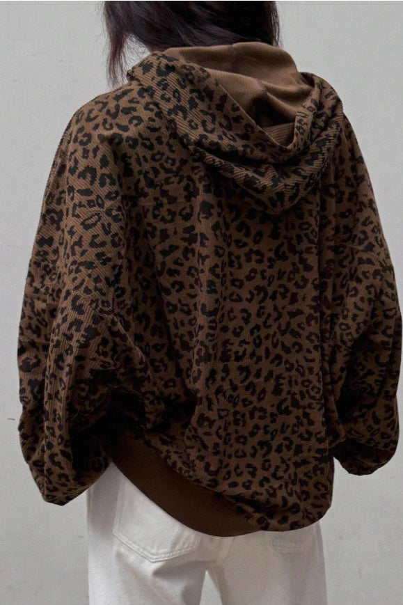 Corduroy Leopard Print Hoodie - Fashionpara
