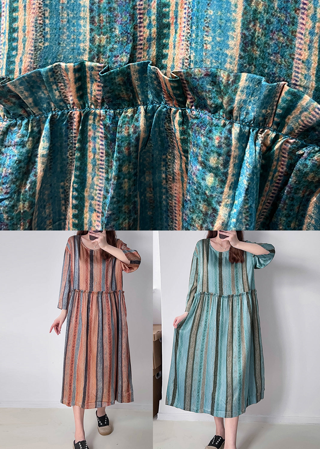 Vertical Stripe Round Neck Long Sleeve Empire Waist Midi Dress - View 5