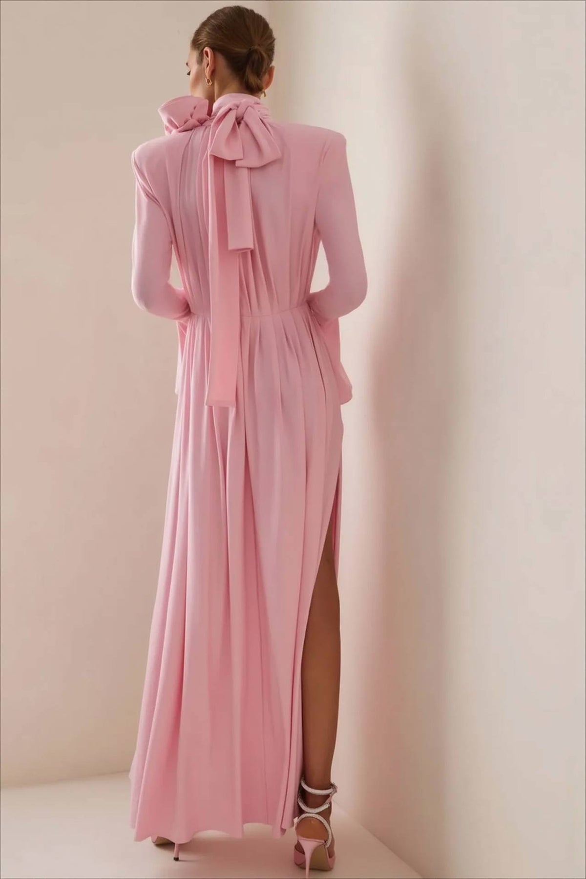 Long Sleeve Rosette High Neck High Split Gown 4