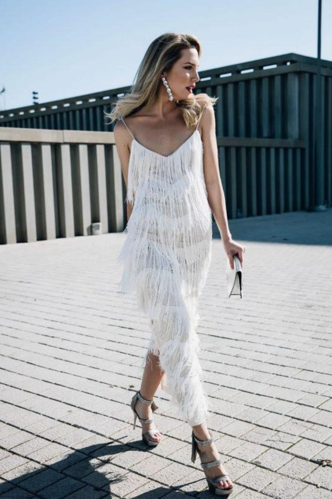 Tiered Fringe V-Neck Spaghetti Strap Midi Dress