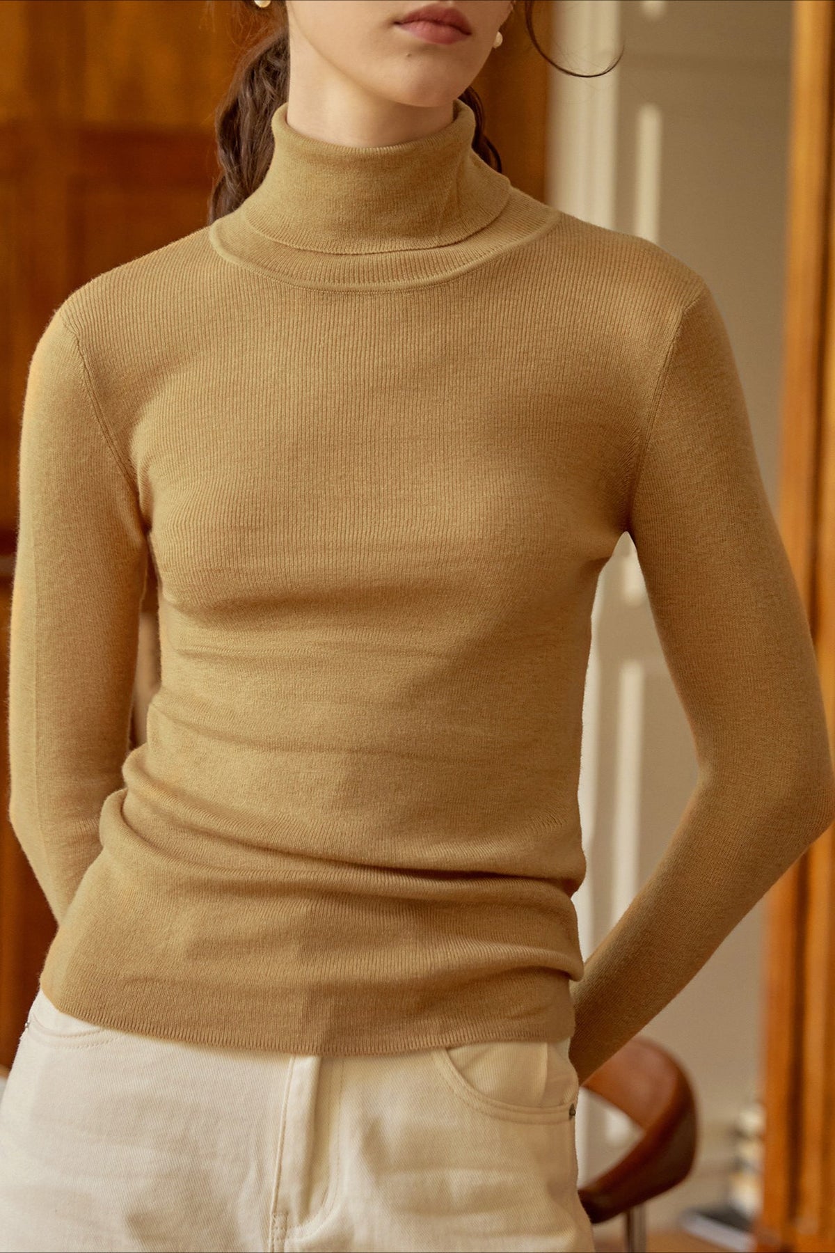 Wool Turtle Neck Slim Knit Top