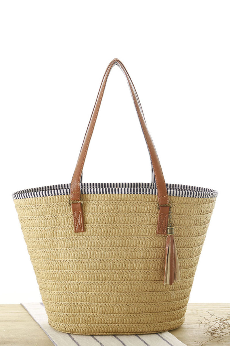 Trendy Leather Straps Woven Straw Beach Shoulder Bag - Fashionpara