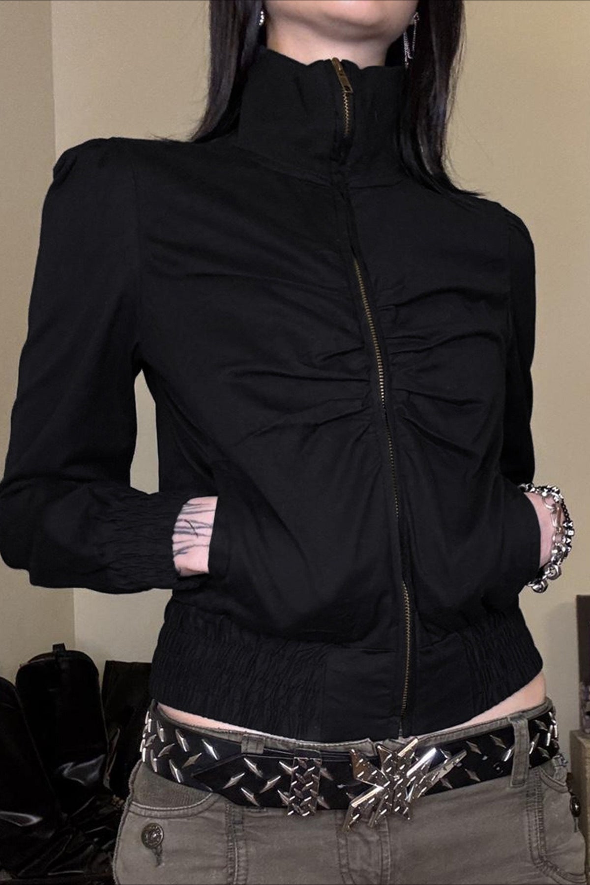 Ribbed Zipped High Neck Jacket