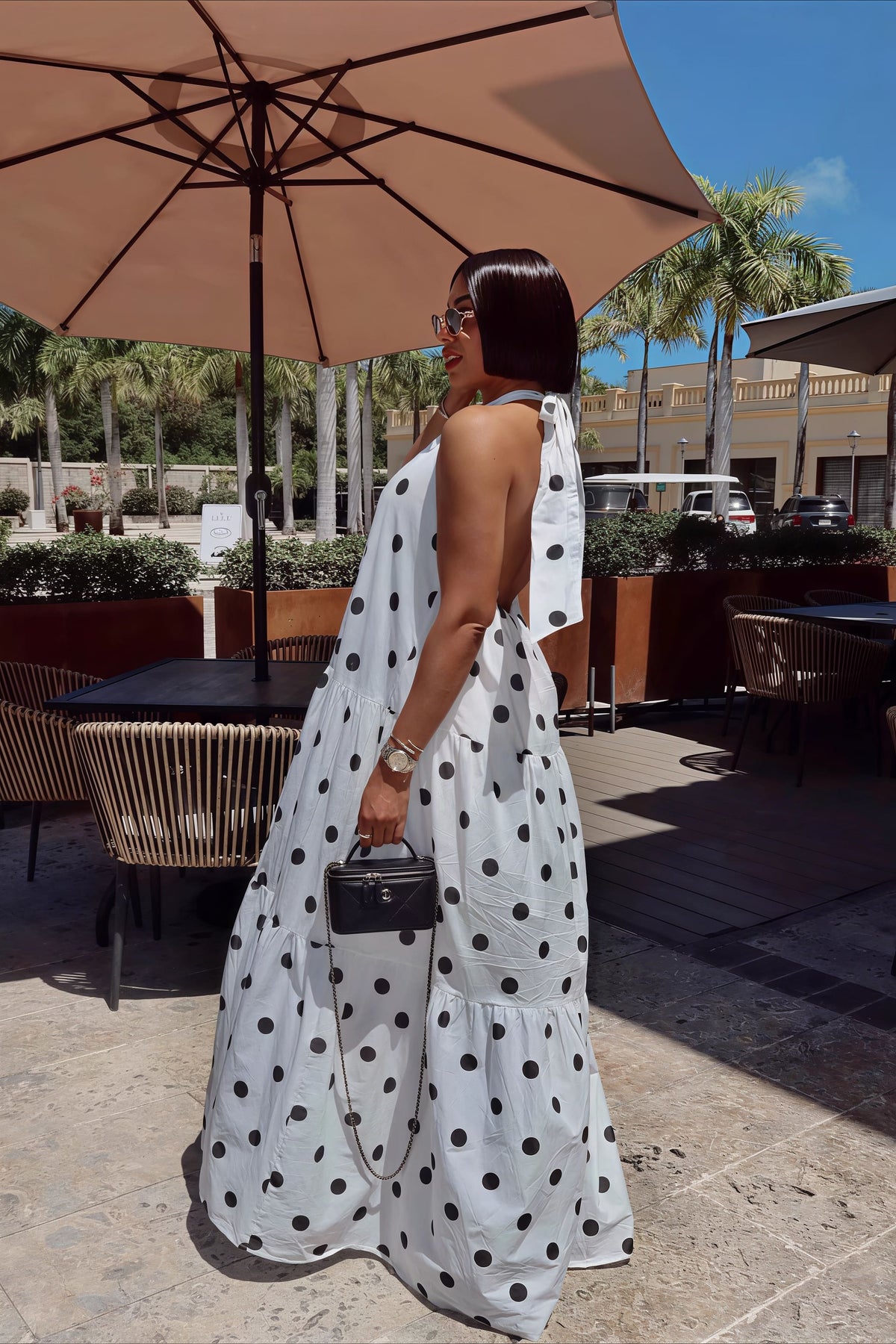Polka Dot Halter Neck Open Back Tiered Maxi Dress 4