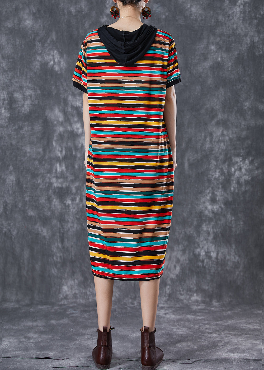Hooded Short Sleeve Brushstroke Stripe Print Shift Dress - View 4