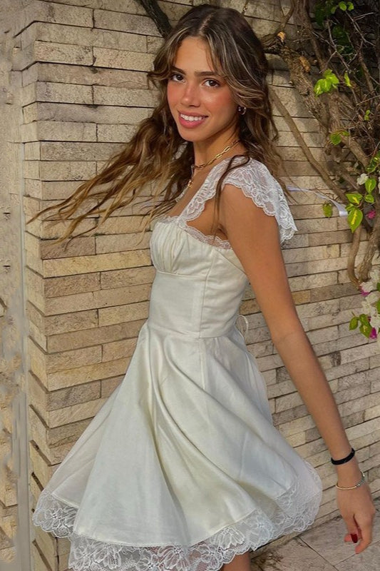 Satin Square Neck Lace Trim Fit and Flare Mini Dress 2