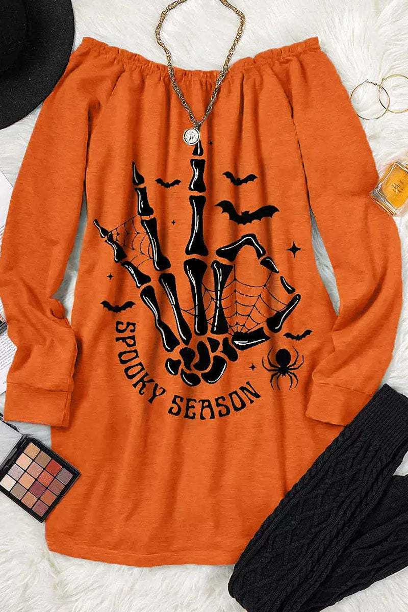 Halloween Spooky Season Skeleton Hand Spider Bat Sweatshirt Dress - Fashionpara
