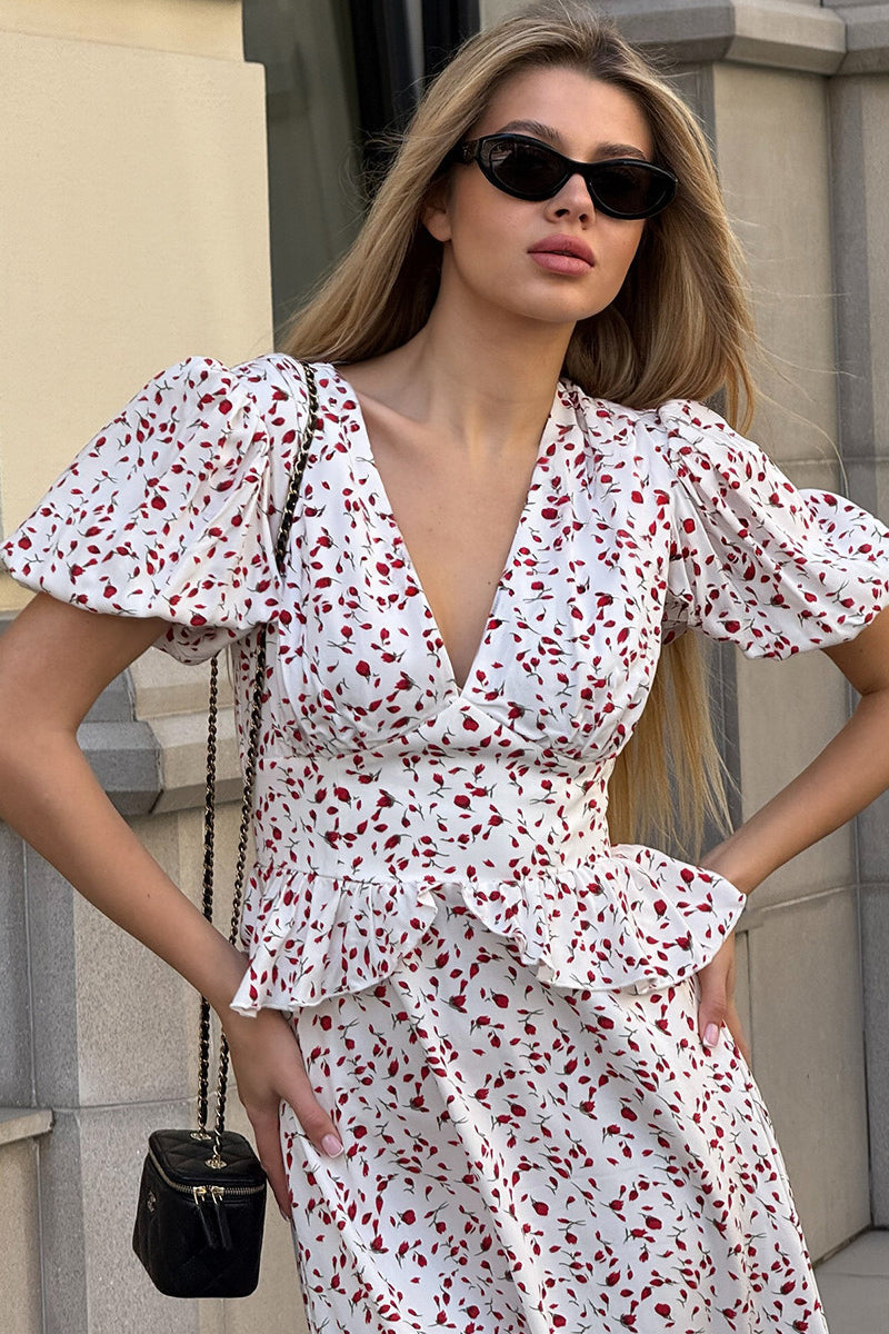 Floral Print V-Neck Puff Sleeve Peplum Maxi Dress 3