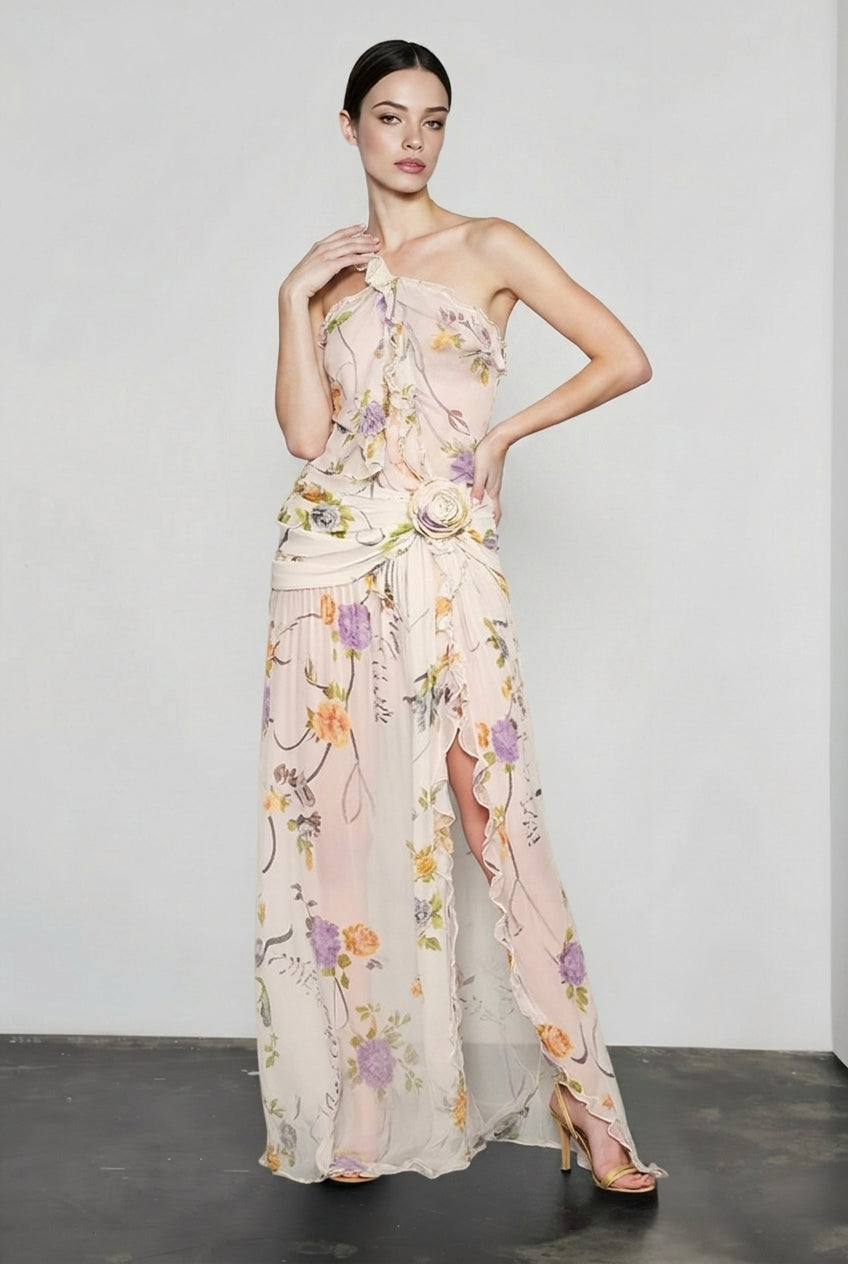 Floral Print One-Shoulder Rosette Ruffle Maxi Dress