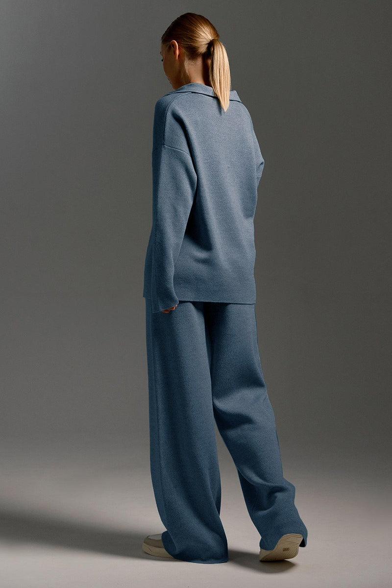 Polo Collar Knit Pullover Wide-Leg Pants Two Piece Set