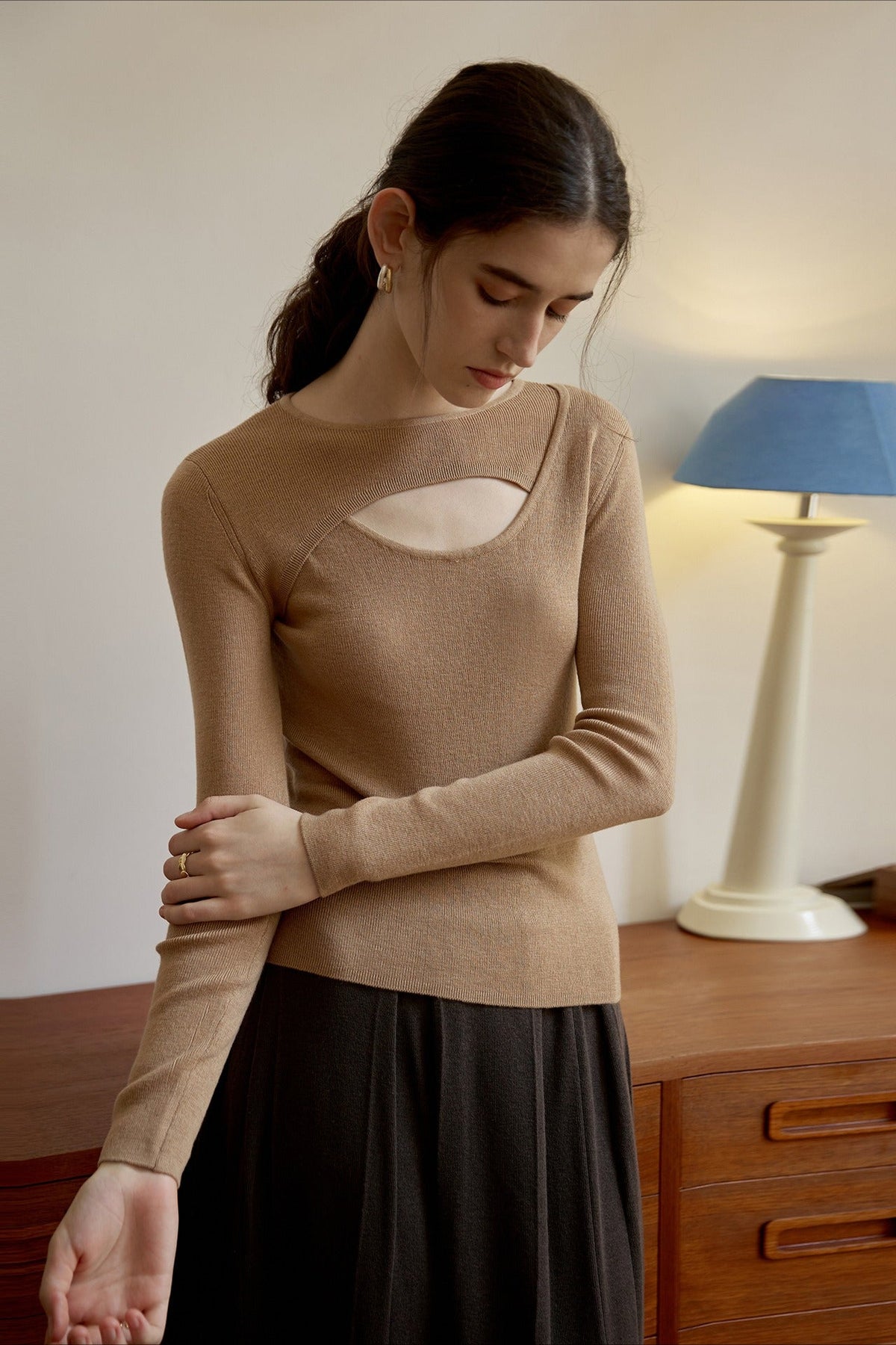 Sheer Panel Slim Wool Knit Top
