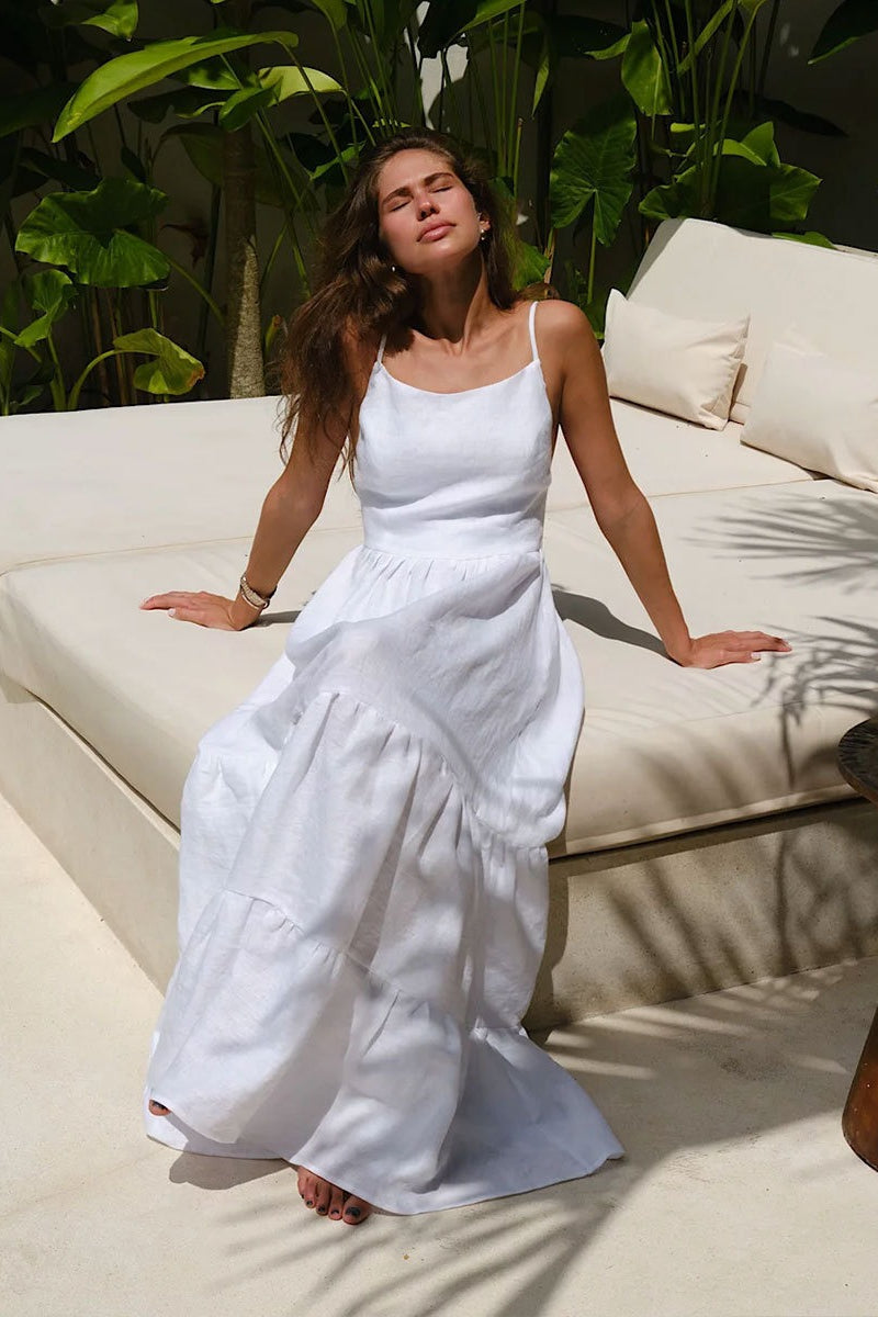 Linen Scoop Neck Sleeveless Tiered Maxi Dress