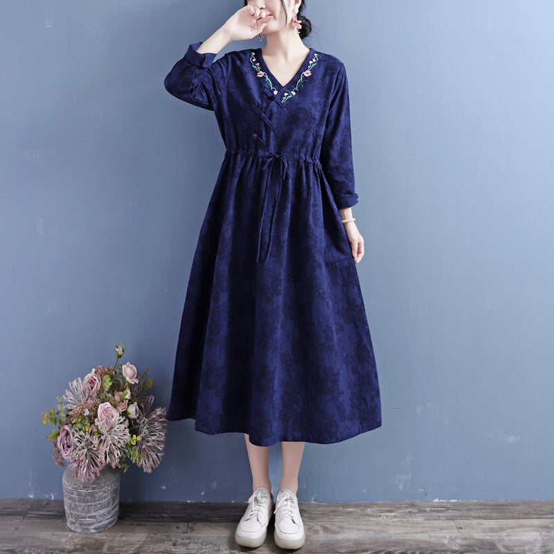 Jacquard Floral Embroidery Frog Button Wrap V-Neck Tie Waist Midi Dress