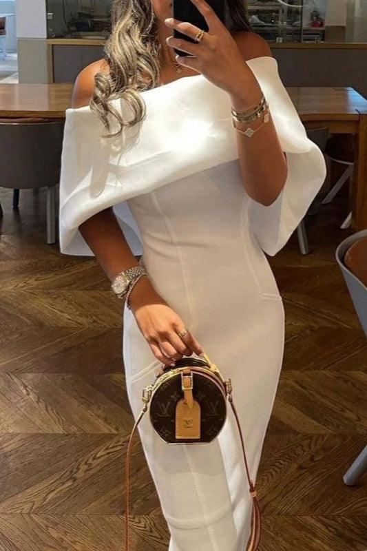 Off Shoulder Fold Crepe Bodycon Midi Dress