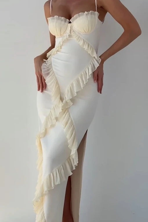 Pleated Bustier Ruffle Trim Bodycon Maxi Dress 2