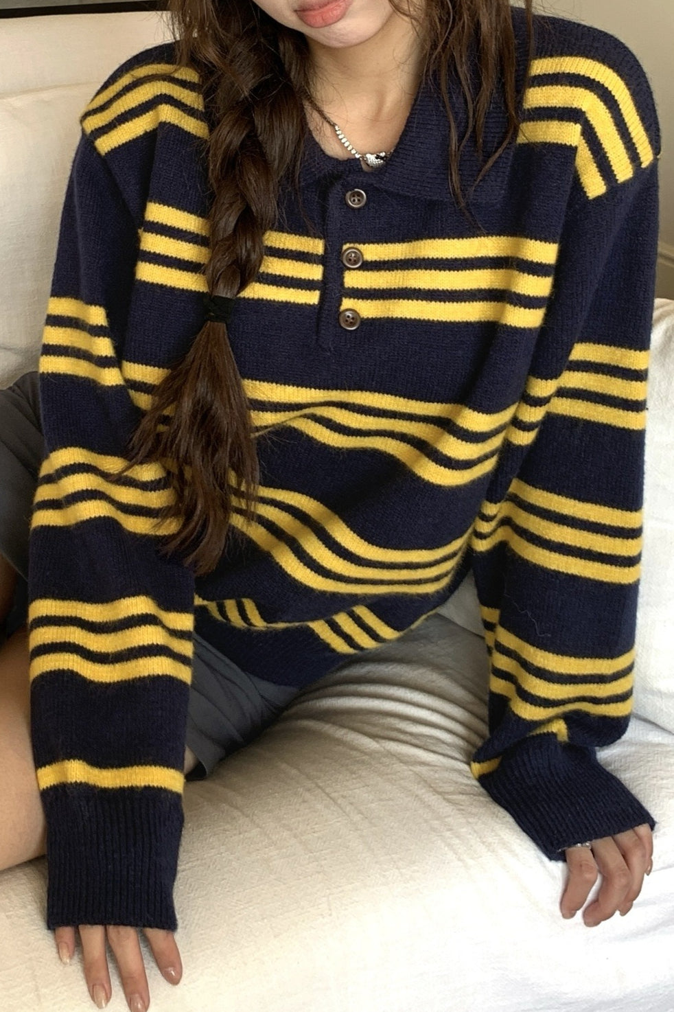 Stripe Polo Collar Relaxed Sweater