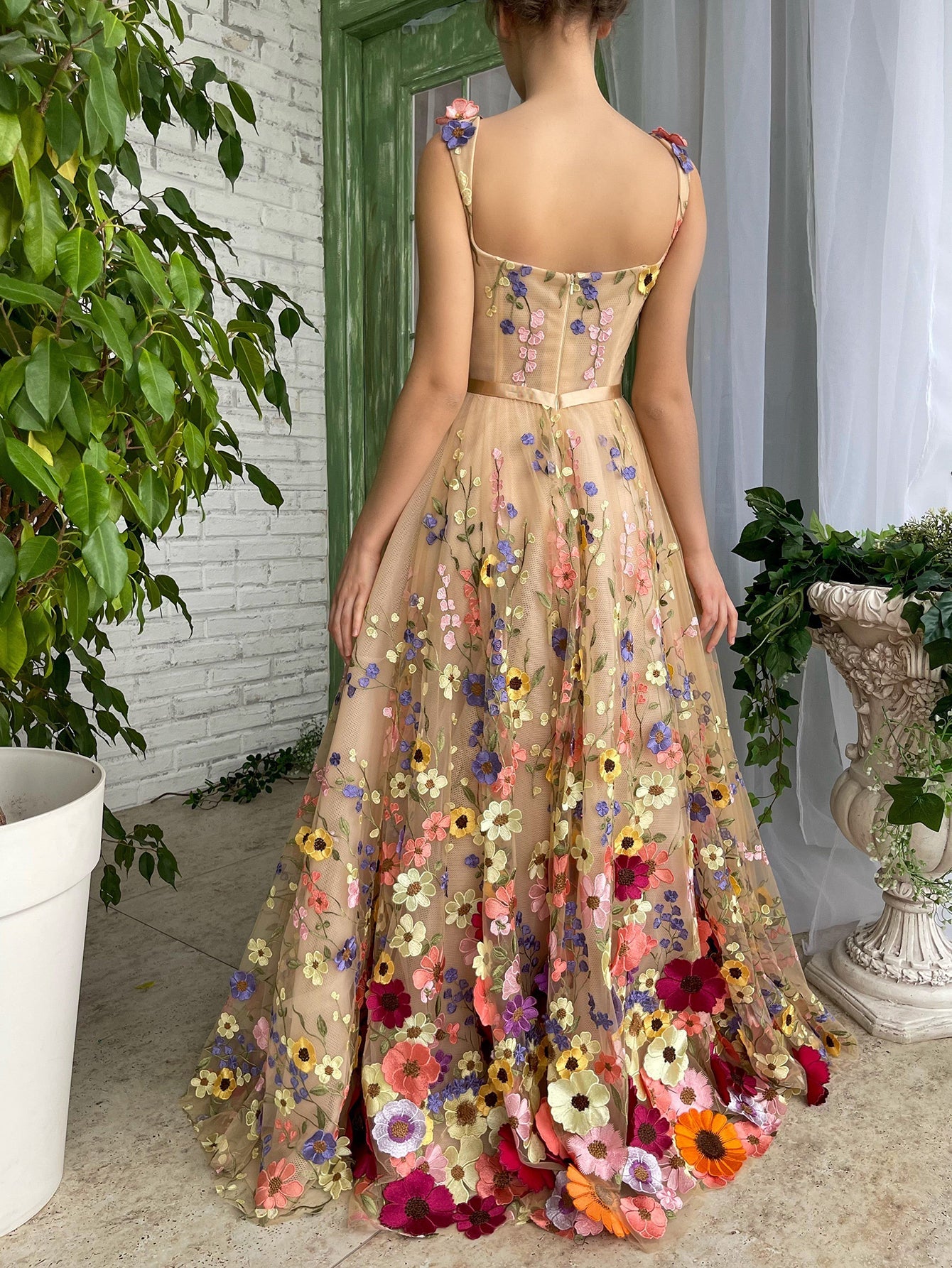 Beige Sweetheart A Line Embroidery Long Prom Dress With 3D Flowers - Fashionpara