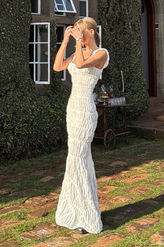 Textured Square Neck Ruffle Strap Mermaid Gown
