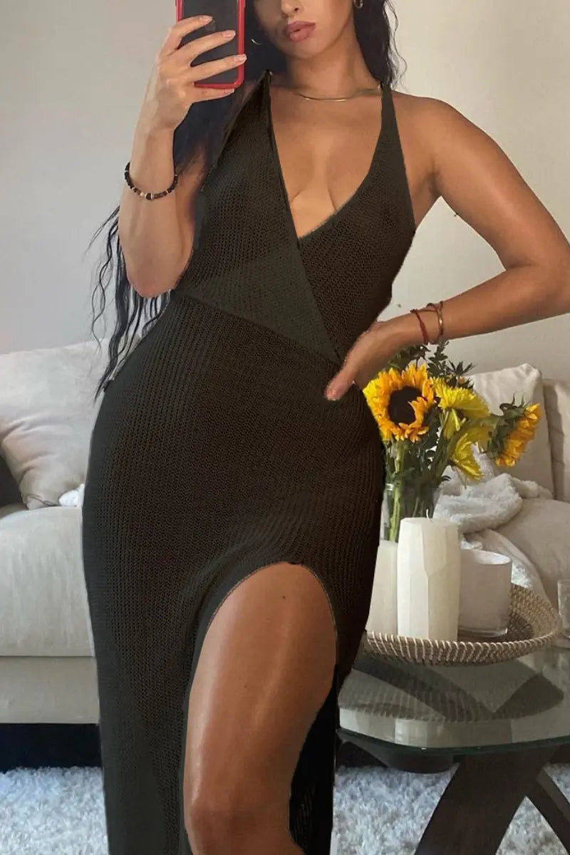 Backless High Split V Neck Knit Maxi Cover Up Fashionpara