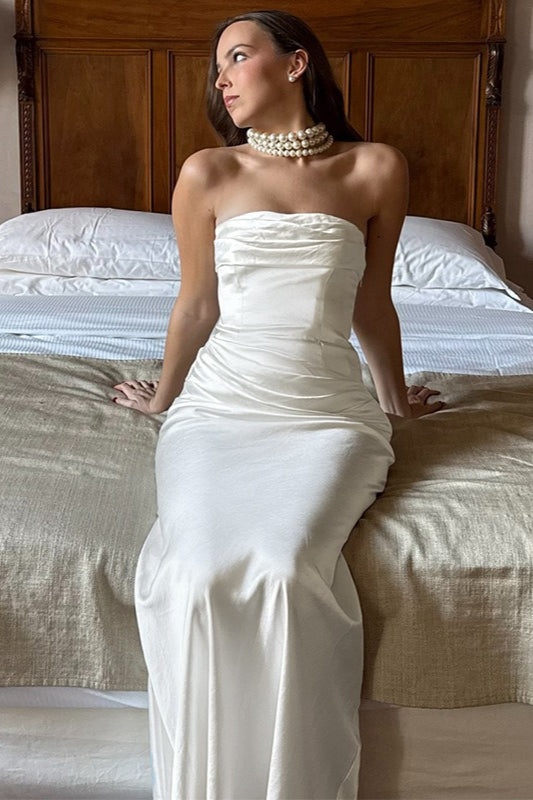 Solid Satin Ruched Slim Strapless Formal Dress