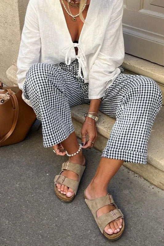 Gingham Print Elastic Waist Drawstring Lounge Pant