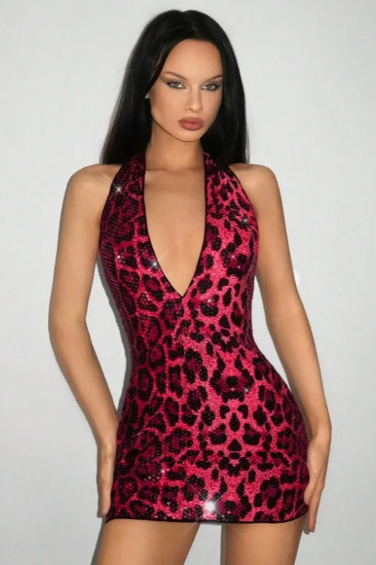 Leopard Sequin Deep V-Neck Halter Bodycon Mini Dress