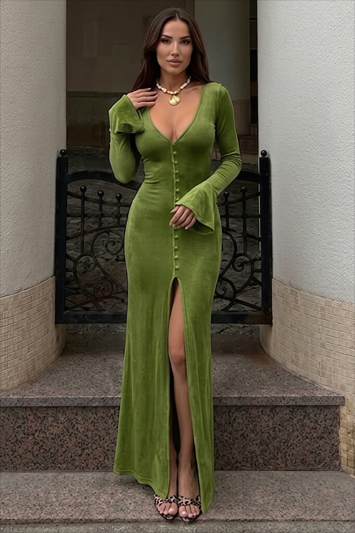 Velvet V-Neck Flare Sleeve Button-Front Slit Maxi Dress