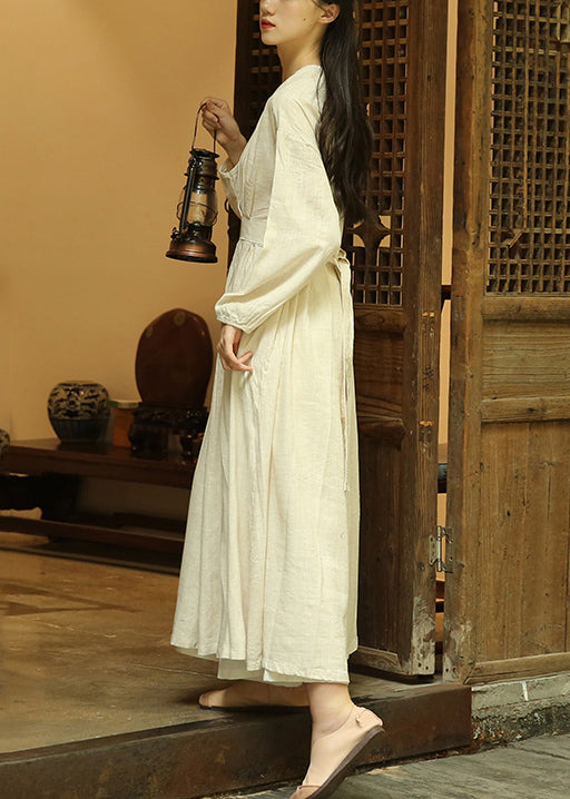 Linen V-Neck Wrap Long Sleeve Relaxed Maxi Dress - View 5