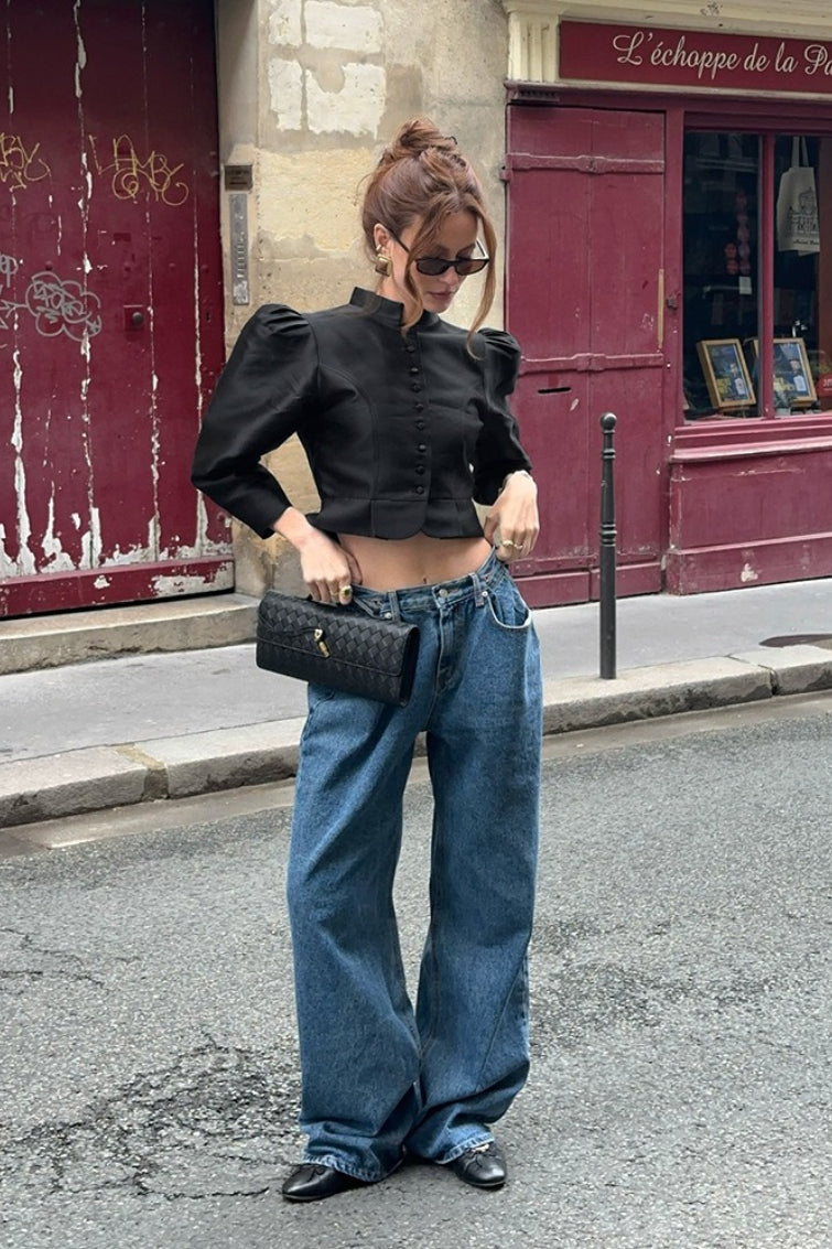 Mandarin Collar Puff Sleeve Blouse