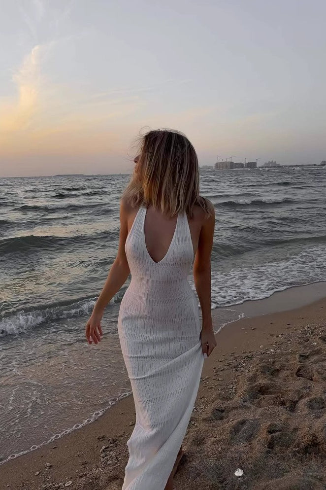 Pointelle Knit Halter Neck Bodycon Maxi Dress