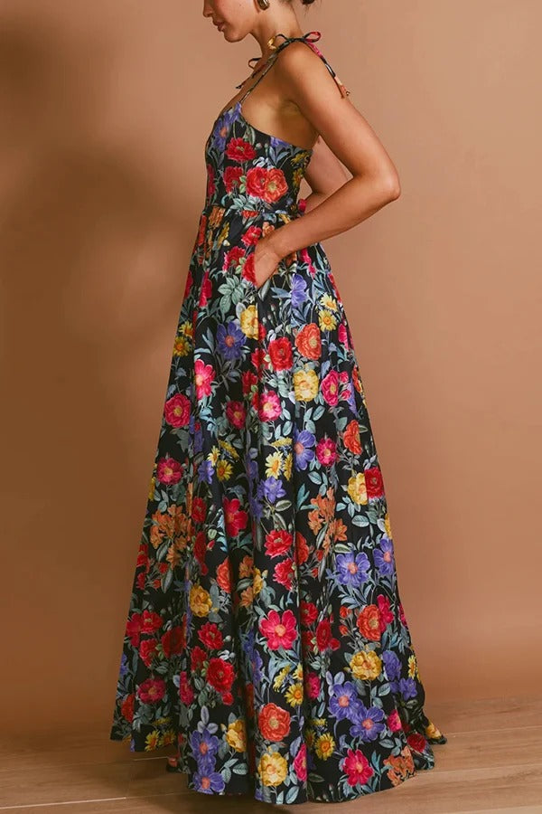 Garden Wedding Floral Print Back Tie-up Pocketed Slit Maxi Dress - Fashionpara