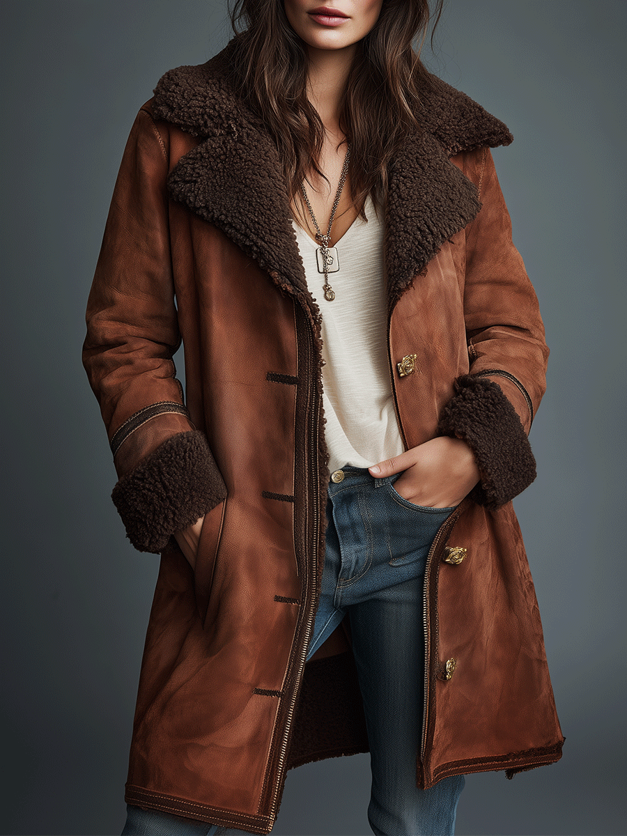 Retro Bohemian Caramel-Colored Faux Suede Coat