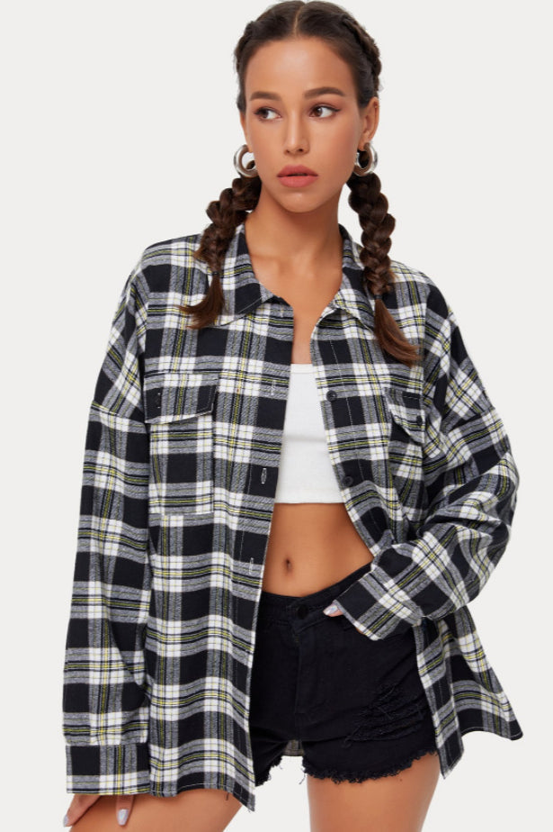 Plaid Stand Collar Button Shirt Blouse - Fashionpara
