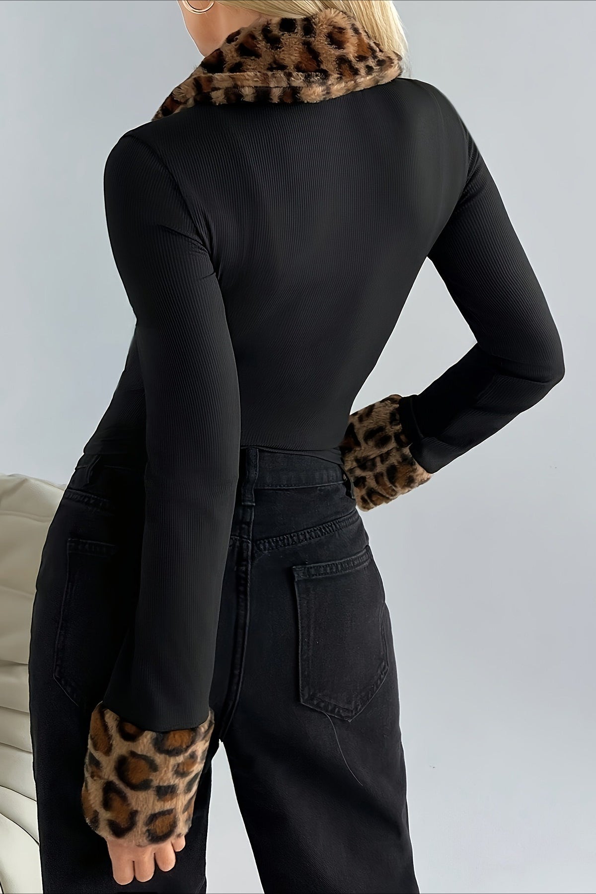 Fur Collar Leopard Print Double Zipper Knit Coat for Elegance