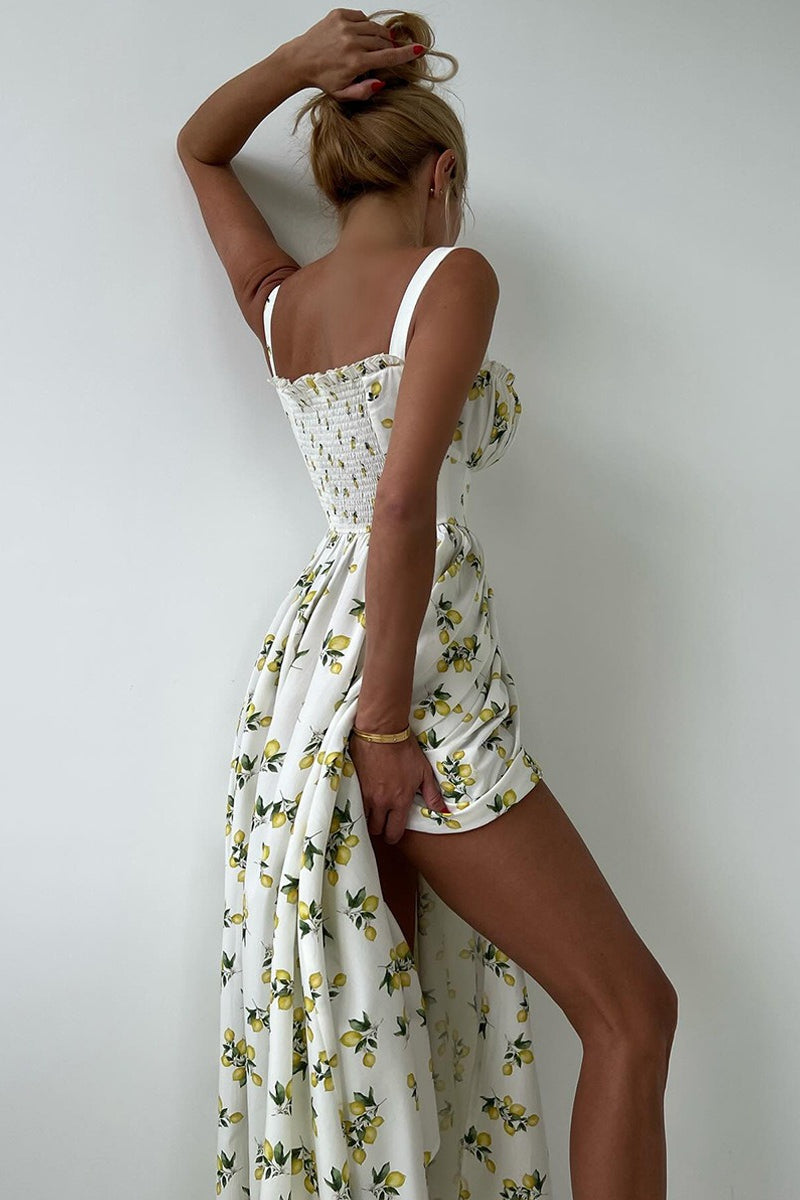 Lemon Print Off Shoulder Corset High Split Maxi Dress 7