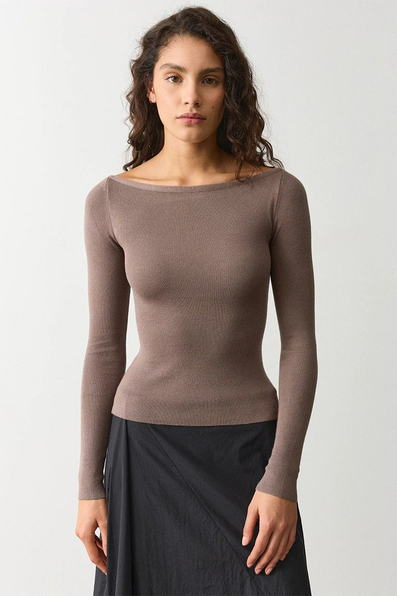 Boat Neck Fitted Fine Knit Sweater