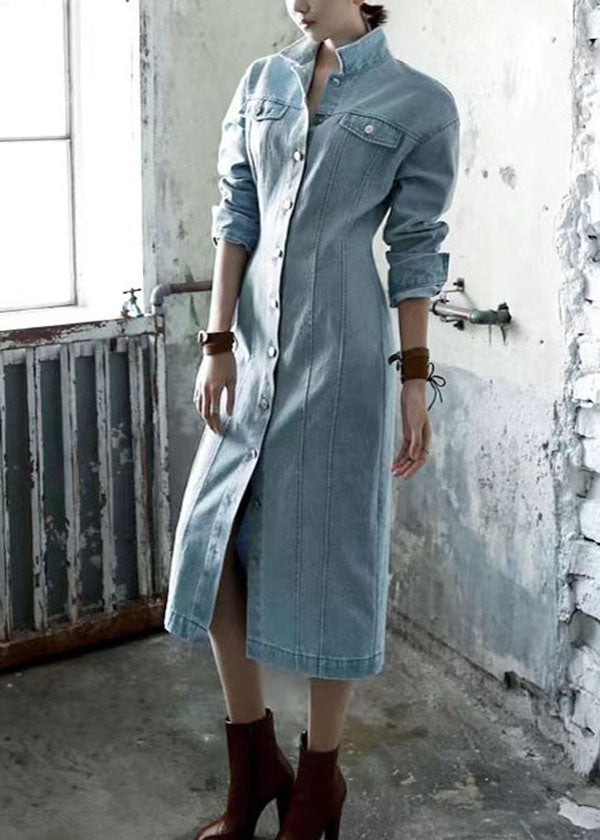 Denim Mandarin Collar Button Down Chest Pocket Midi Dress