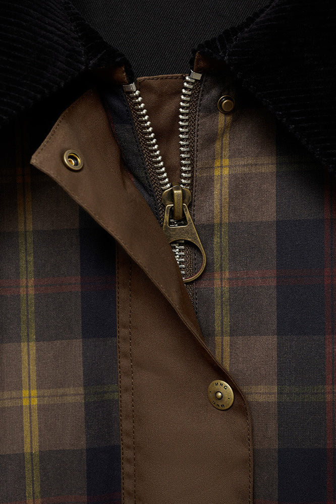 Plaid Faux Fur Collar Zip Coat with Decorative Buttons