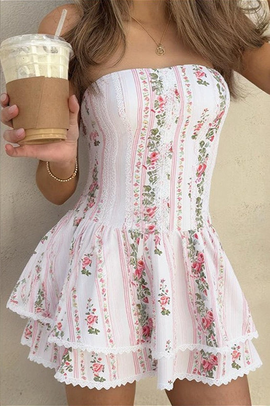 Floral Print Strapless Tiered Mini Dress